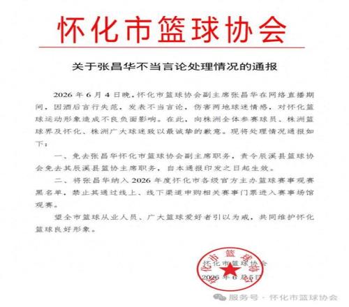 酒后直播发表不当言论，湖南省怀化市篮协副主席张昌华被免职